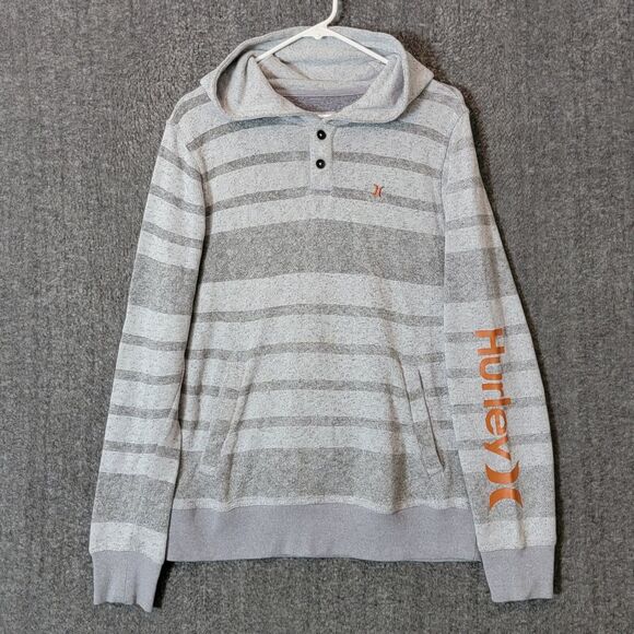 Hurley Hoodie Mens Medium Gray Striped Pullover Casual Surf Henley - Picture 1 of 15